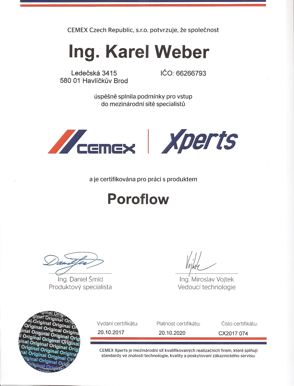 Certifikace Cemex - Poroflow